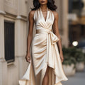 Elegant Deep V-neck Irregular Women's Ruffled Ruffled Evening Dress Gowns Solid Color Lace-up High Waist Satin Party Dresses Wedding Guests Dress