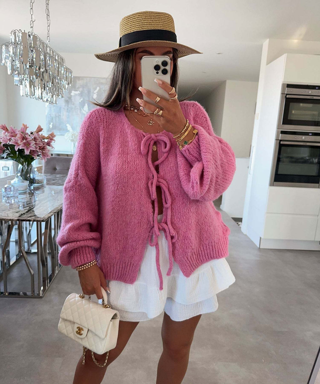 Casual Knitted Bow Lace Up Cardigan Women Solid O-neck Short Sleeve Hollow Out Sweater Female Autumn Lady Solid Streetwear