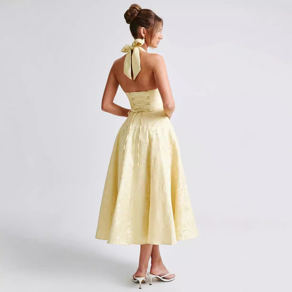 V-neck Halter Sleeveless Jacquard Lace-up Waist Vacation Style Long Senior Dress