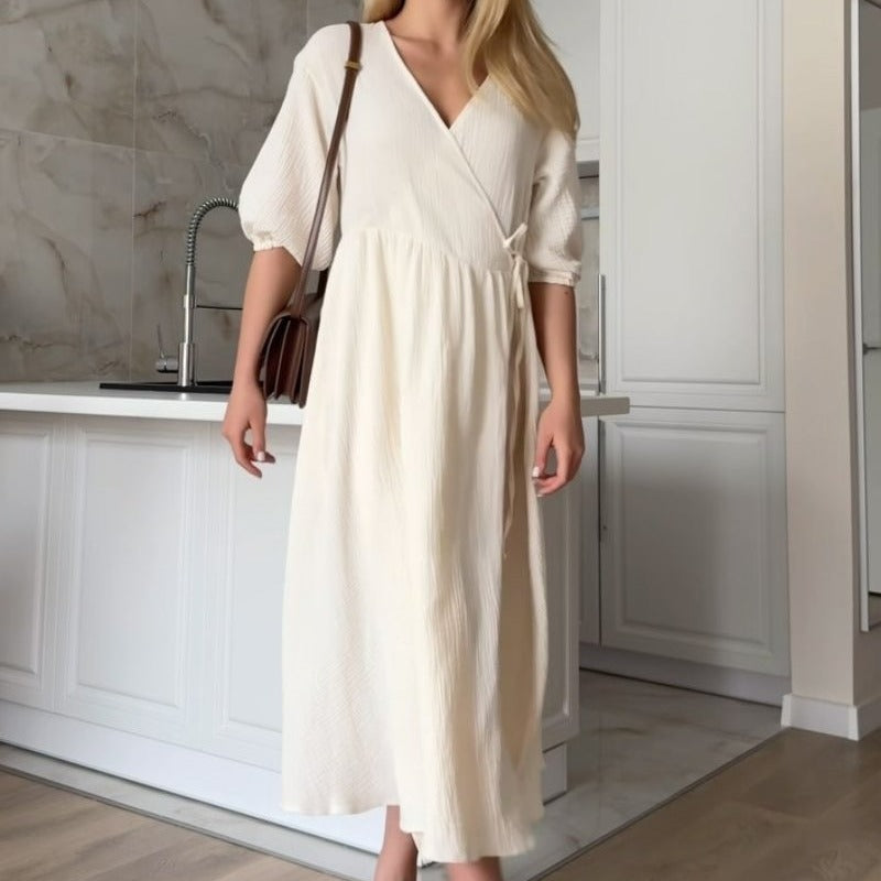V-neck Puff Short Sleeve Lace-up Dress