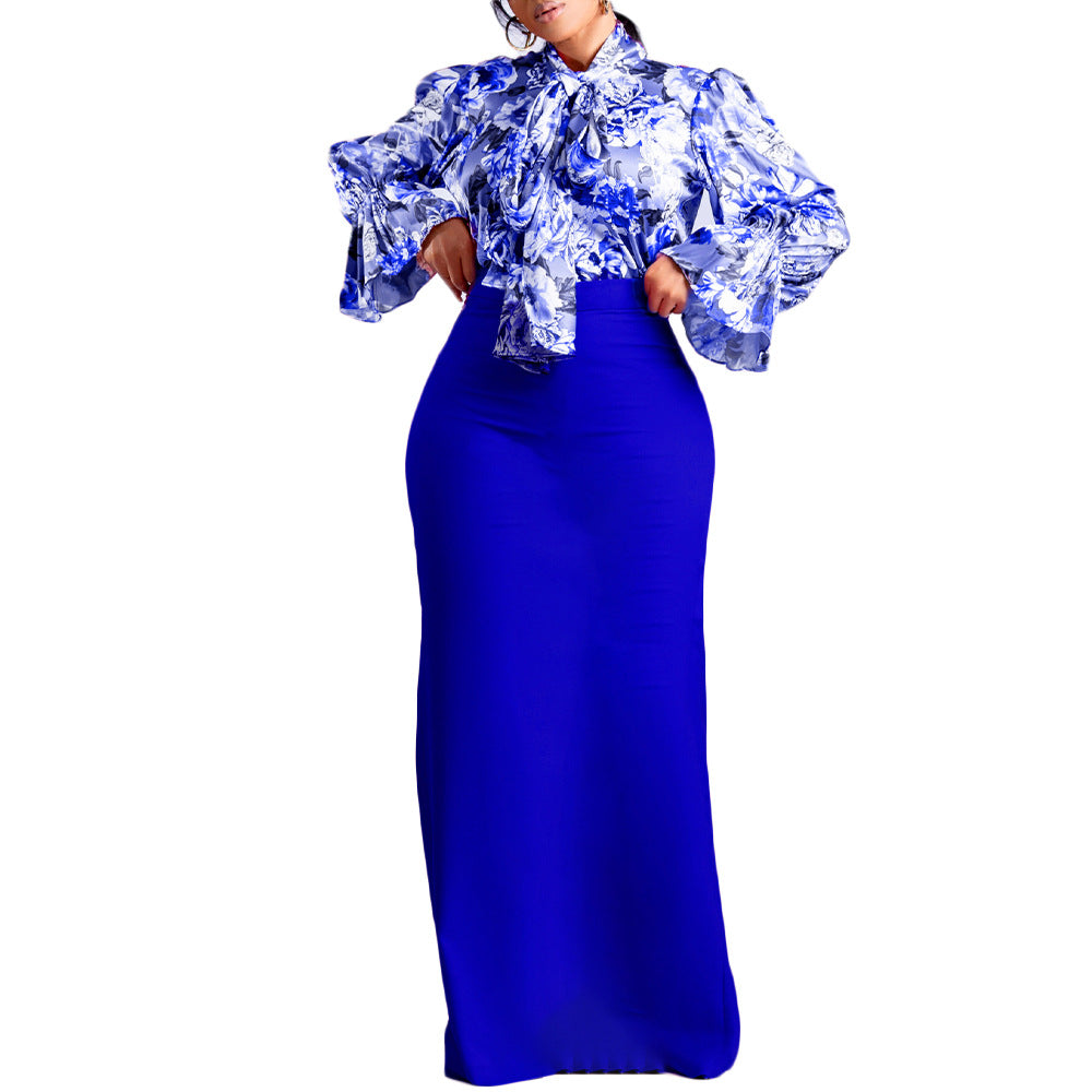 Printed Lace Up Long Sleeve Shirt Skirt Long Skirt Cross-border Two-piece Set