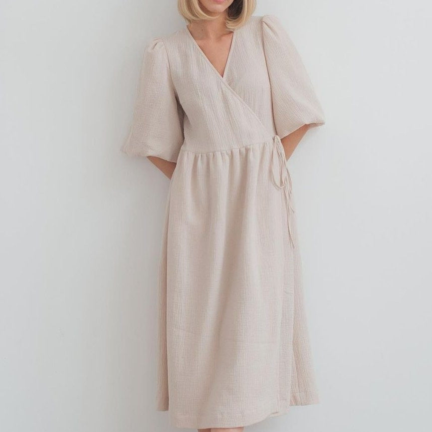 V-neck Puff Short Sleeve Lace-up Dress