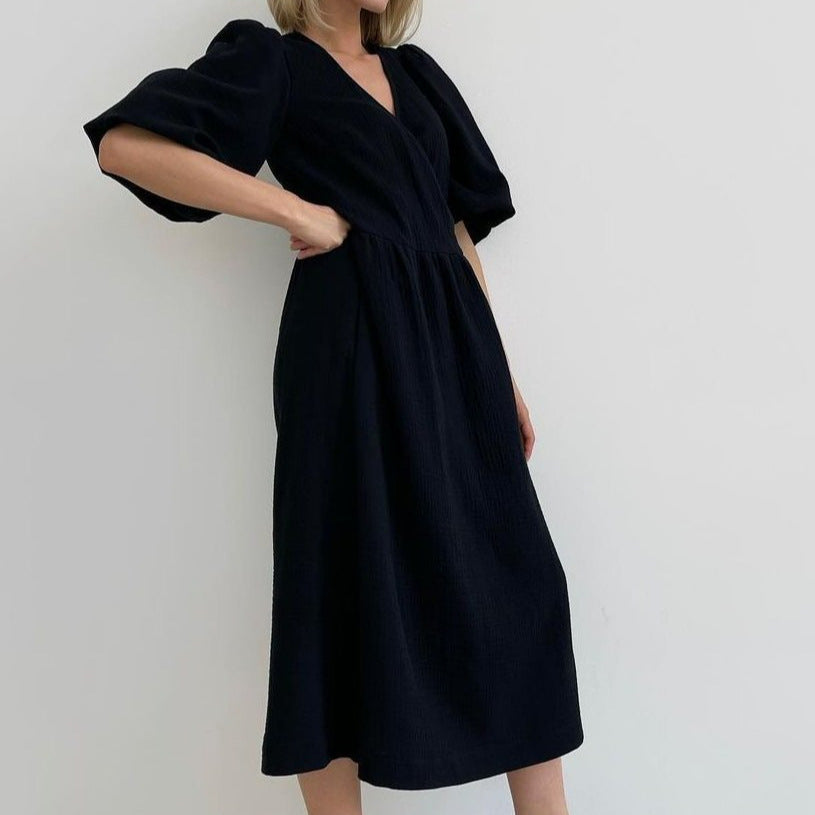 V-neck Puff Short Sleeve Lace-up Dress