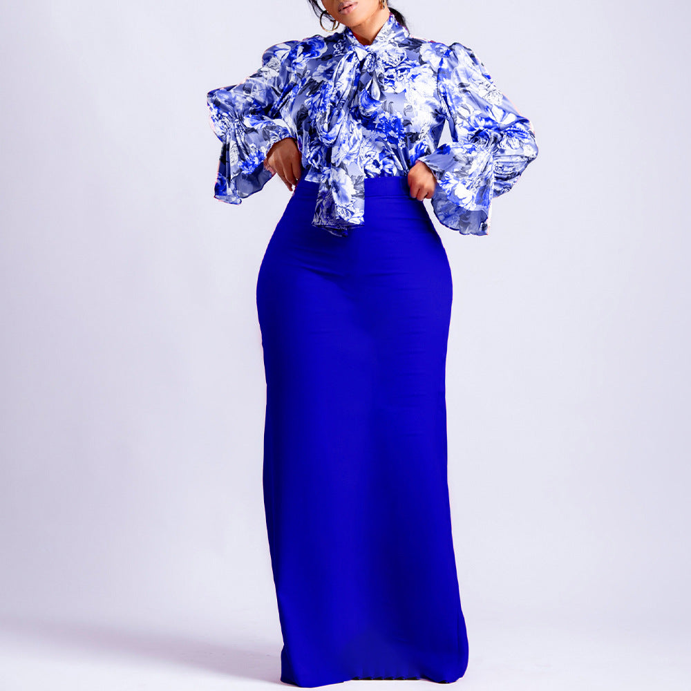 Printed Lace Up Long Sleeve Shirt Skirt Long Skirt Cross-border Two-piece Set