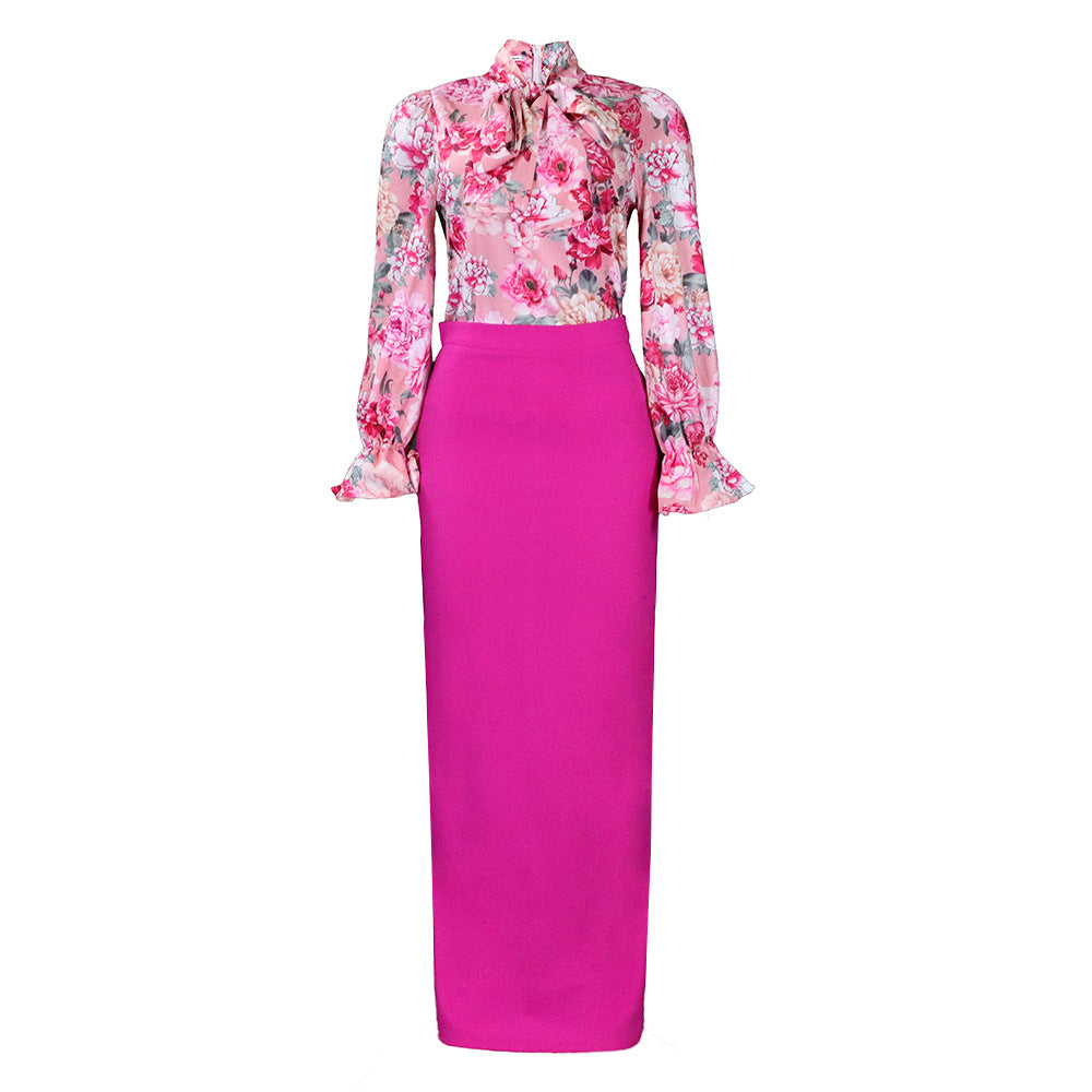 Printed Lace Up Long Sleeve Shirt Skirt Long Skirt Cross-border Two-piece Set